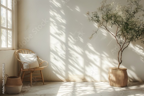A serene room bathed in sunlight with a wicker chair and large flowering branch in a wicker basket