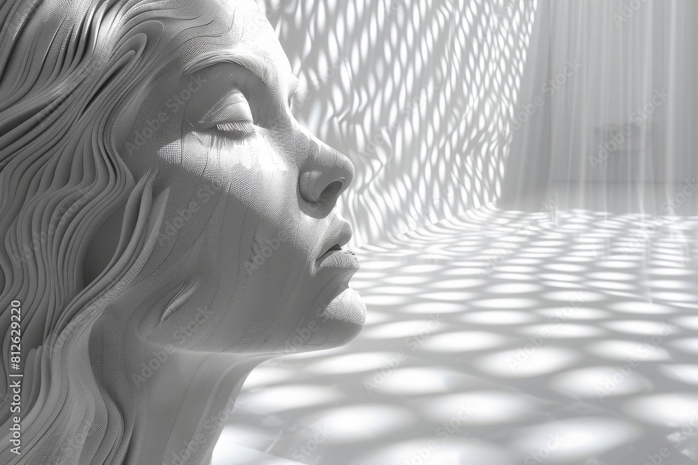 A high-detail sculpture of a woman's face partially obscured by ...
