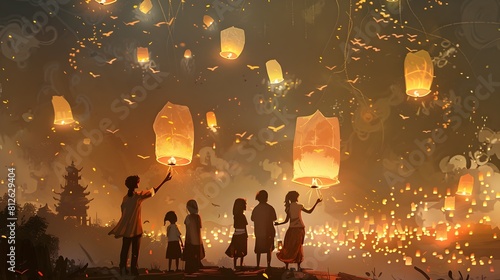 Ethereal sky lanterns glimmer and drift heavenward in a captivating night time festival of tradition community and boundless photo