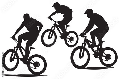 jumping bicyclist silhouettes white background