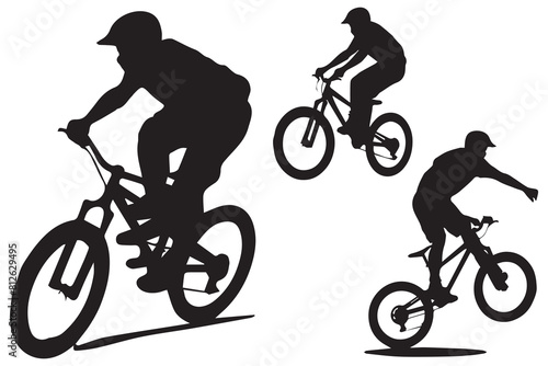 jumping bicyclist silhouettes white background