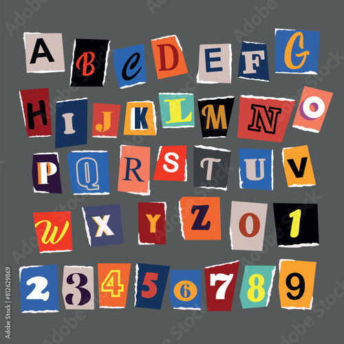 Letters cut and torn from magazine on wrinkled paper background. Design elements for creative typography, scrapbooking, cards and posters. Vector Illustration.