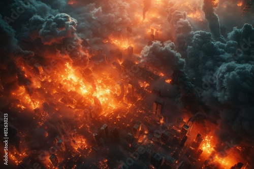 An intense depiction of a city engulfed in flames amidst billowing smoke, suggesting a catastrophic event