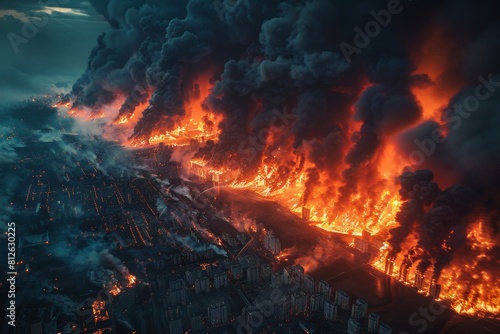 The aerial perspective of a city in chaos with unstoppable fires shows the scale of a major disaster and the fragility of modern cities