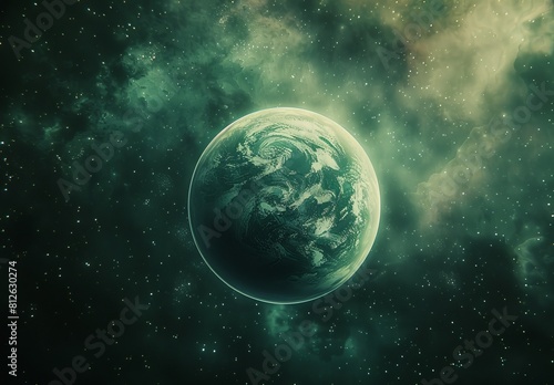 Digitally created image of Earth against a space backdrop with stars and nebula clouds, symbolizing exploration and the universe