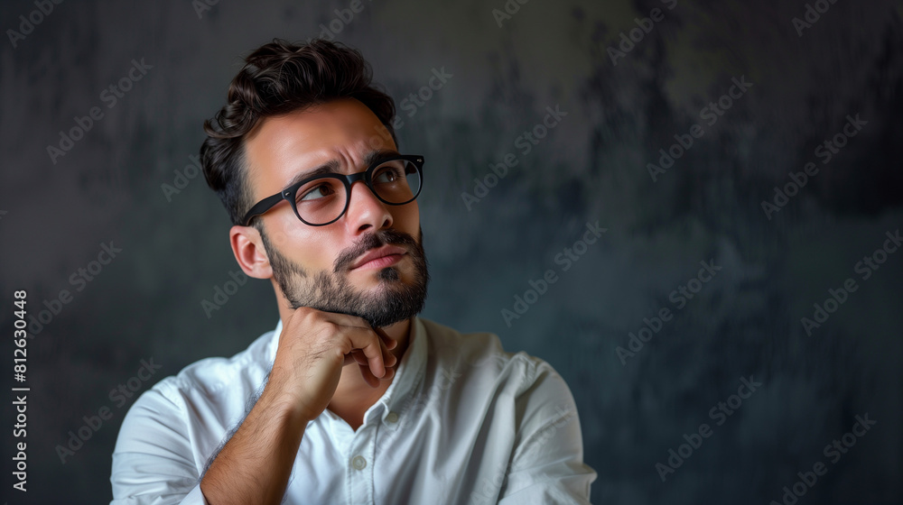 Fototapeta premium elegant young man thinking or curious something big blank place for your text or design for banner or ad social media post
