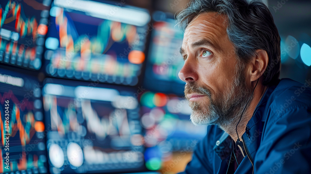 A stock market trader monitoring fluctuations on multiple screens. A stock market trader monitoring fluctuations on multiple screens.