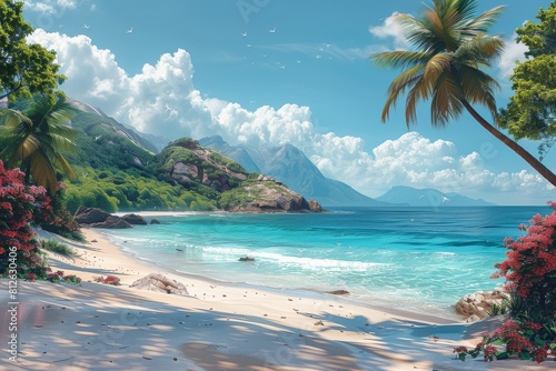An idealistic view of a calm tropical beach with palm trees, white sands, and a serene blue sky