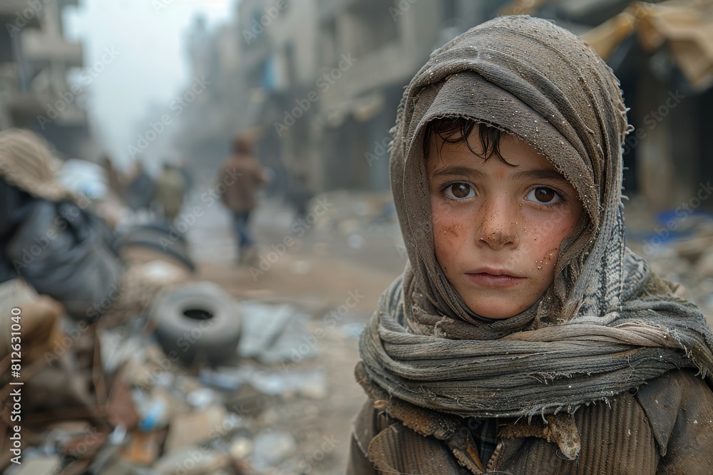 A young child's haunting gaze in a desolate urban landscape A young child's haunting gaze in a desolate urban landscape