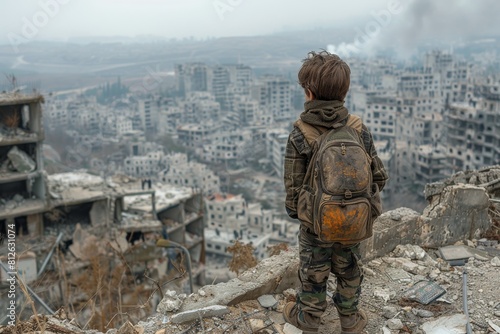 A young boy gazes at a devastated urban landscape, symbolizing war and loss