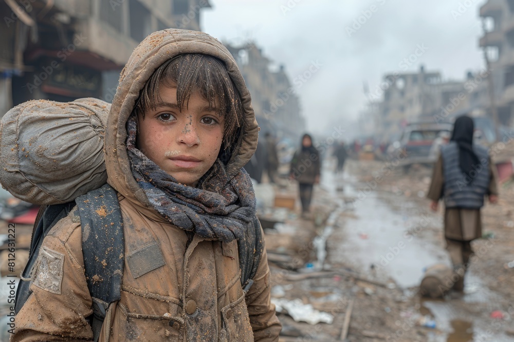 A young girl with a heavy pack walks down a war-afflicted, debris-strewn street with people around A young girl with a heavy pack walks down a war-afflicted, debris-strewn street with people around