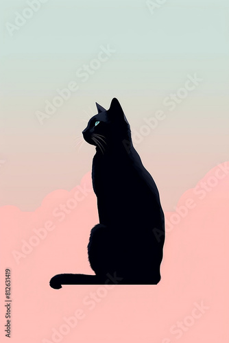 Silhouette of a black cat on sunset background
