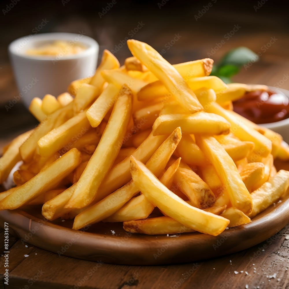 Delicious french fries on a wooden board with ketchup and cheese sauce. Fast food Delicious french fries on a wooden board with ketchup and cheese sauce. Fast food