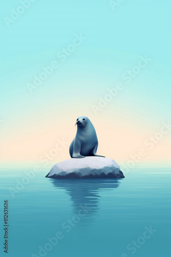 Seal lost on a piece of ice on blue background