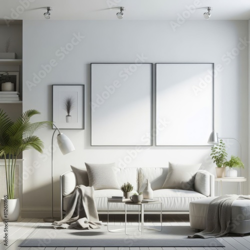 A living room with a template mockup poster empty white and with a couch and two framed pictures art harmony has illustrative meaning.