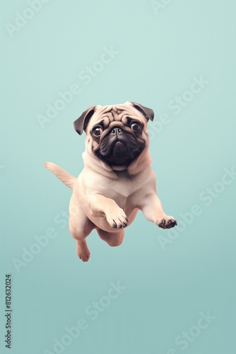 Pug puppy jumping over a blue background