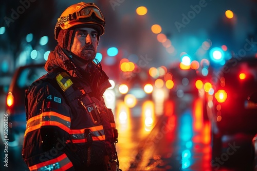 A firefighter in full gear stands against a backdrop of blurred emergency lights photo