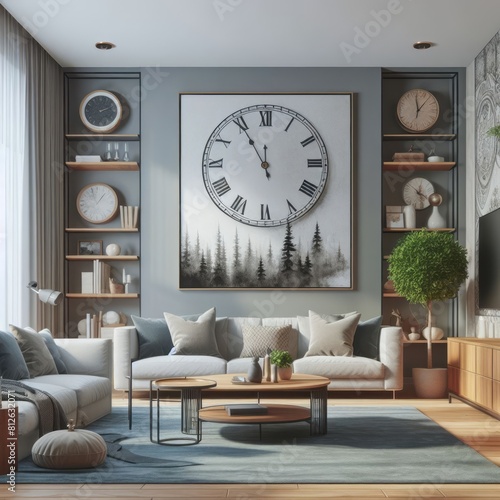 A living room with a template mockup poster empty white and with a large clock on the wall art has illustrative meaning card design.