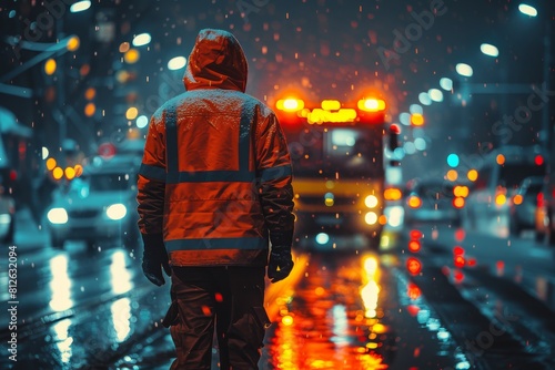 A worker stands in reflective gear on a rainy, bokeh-lit city street, with emergency vehicle lights in the background