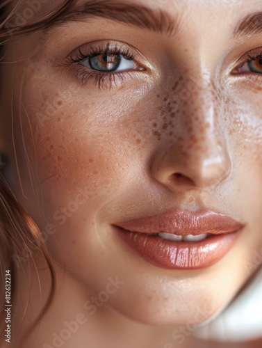 Natural Skincare for Wellness and Beauty  Woman with Freckles and Smooth Face