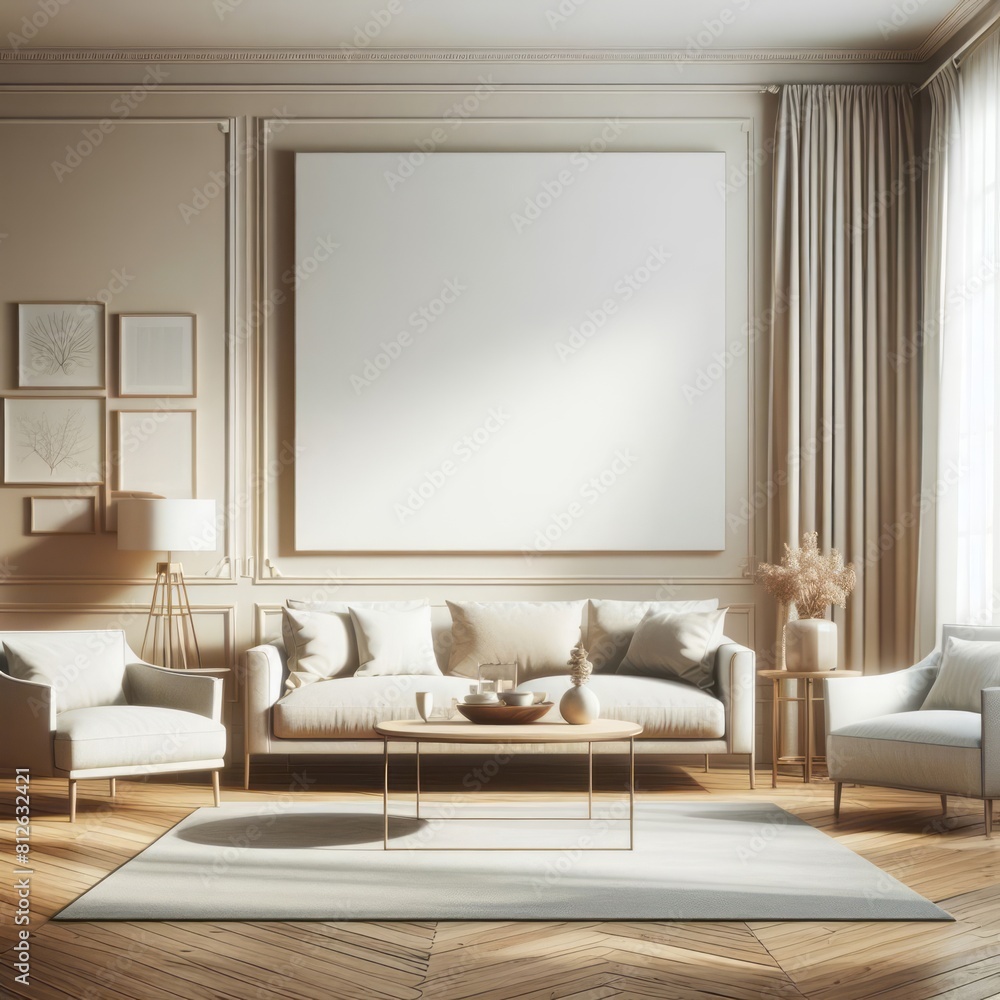A living room with a template mockup poster empty white and with a large picture frame art realistic harmony lively. A living room with a template mockup poster empty white and with a large picture frame art realistic harmony lively.
