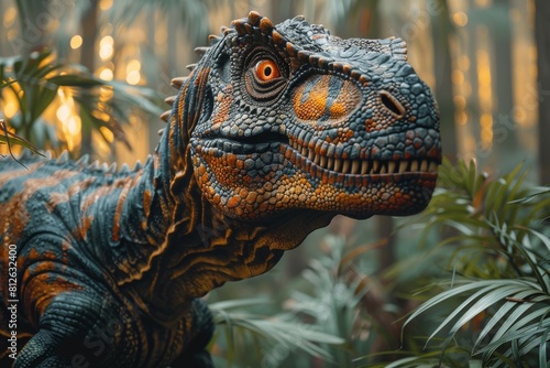 A captivating close-up image of a realistic dinosaur model among lush greenery  giving a sense of prehistoric times and adventure