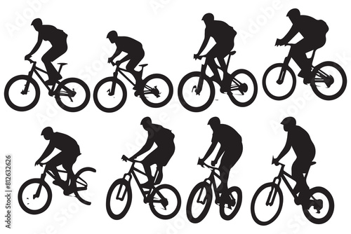 silhouette cyclists bicycle jumping riders on white background