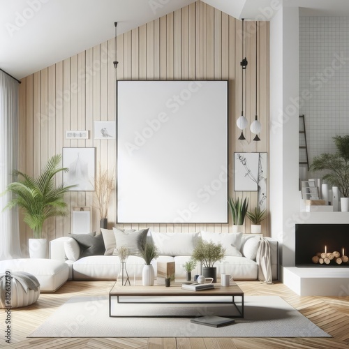 A living room with a template mockup poster empty white and with a large white frame on the wall art realistic attractive.