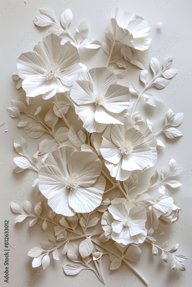 Elegant paper art showcasing beautifully crafted white flowers and leaves with a 3D-like effect on a white background