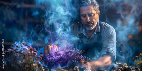 Male naturopath incorporating sage for spiritual healing and traditional herbal remedies. Concept Naturopathy, Spiritual Healing, Herbal Remedies, Sage, Male Health photo
