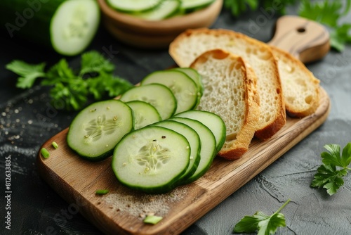 Sliced cucumbers on crusty bread, presented on a wooden cutting board with parsley garnish