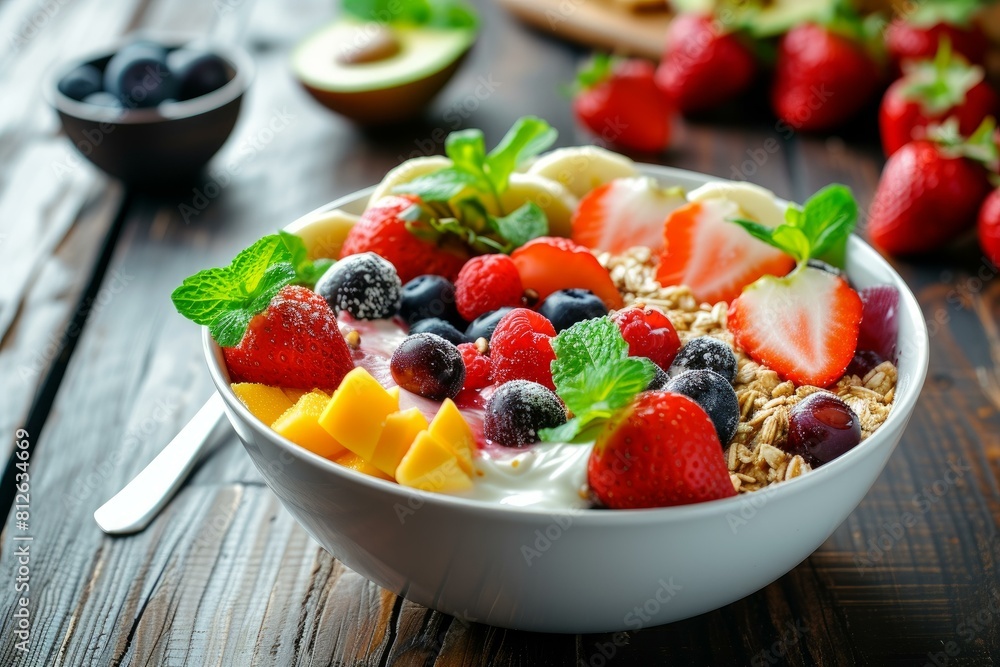 Colorful yogurt bowl with mixed berries, oats, and mint on a rustic wood background Colorful yogurt bowl with mixed berries, oats, and mint on a rustic wood background