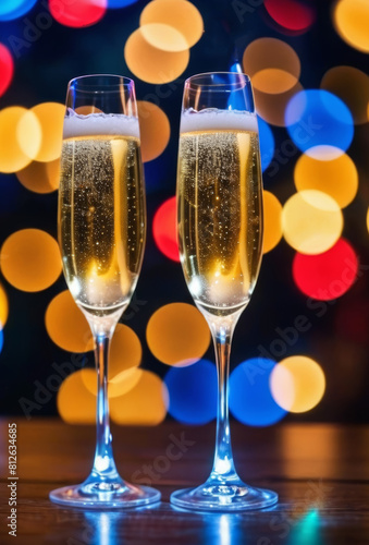 Champagne New Year with Festive Christmas Lights Celebrate