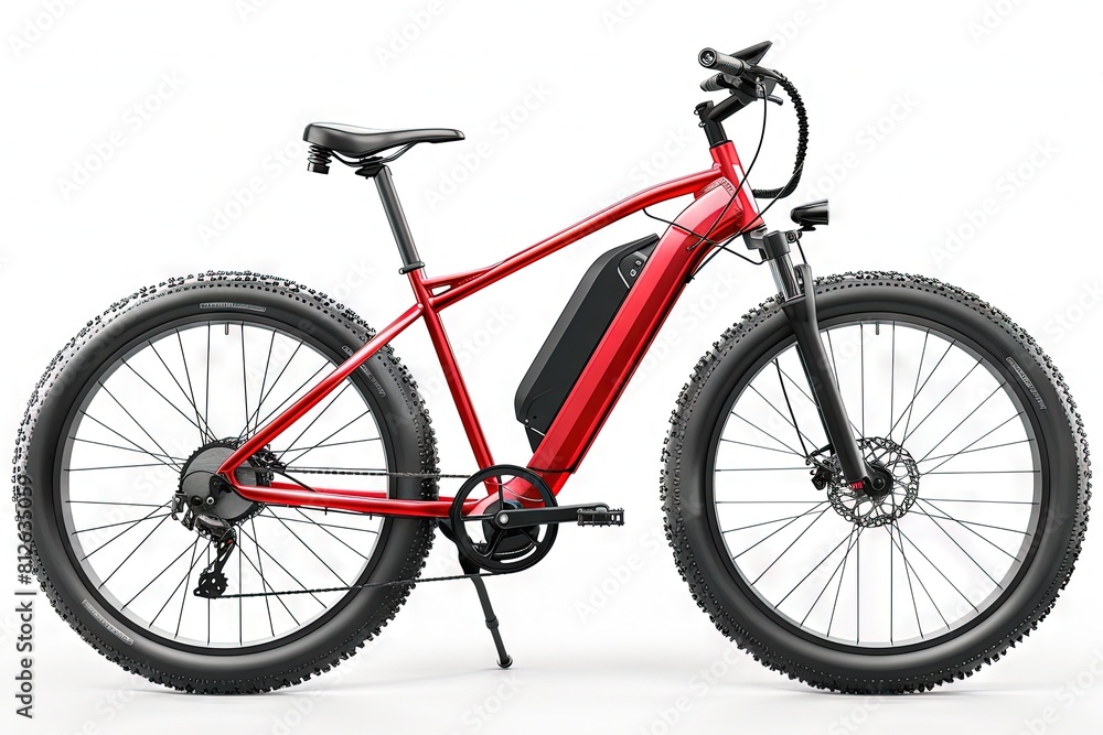 Innovative mid-drive red e-bike with battery-powered electric engine for city touring or trekking