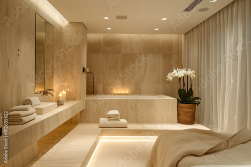The interior of a large bathroom is in calm natural tones  with a place for massage. Spa