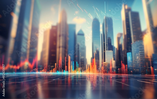 A cityscape with a lot of tall buildings showing stock market chart overly, Trading graphs and business chart © Design_Stock