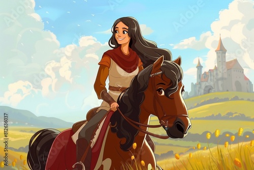 medieval woman on a horse - illustration for children. This bright and exciting drawing will help children imagine the atmosphere of the medieval era and give them the opportunity to go on an exciting photo