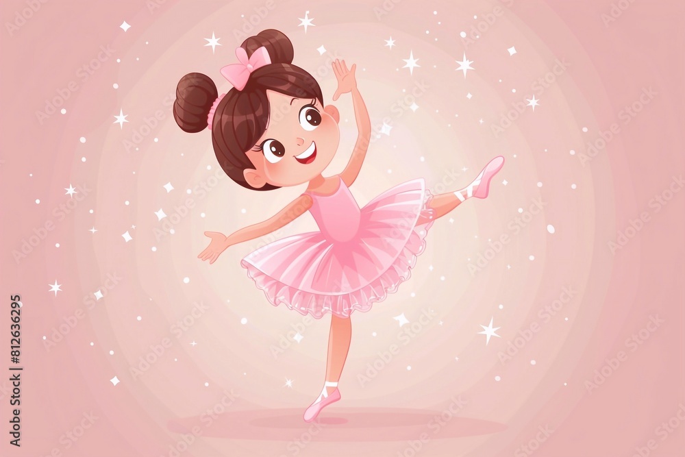 Step into the magical world of dance with this charming cartoon vector illustration of a cute ballerina girl gracefully dancing in her pink dress. Perfect for capturing the beauty and elegance of ball Step into the magical world of dance with this charming cartoon vector illustration of a cute ballerina girl gracefully dancing in her pink dress. Perfect for capturing the beauty and elegance of ball