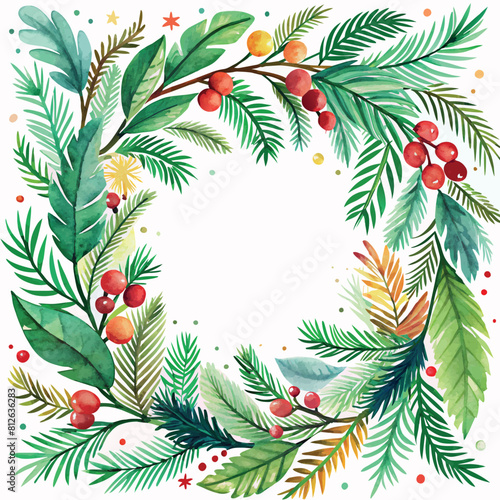 A watercolor Christmas painting of a wreath with green leaves and red berries. The wreath is surrounded by a white background
