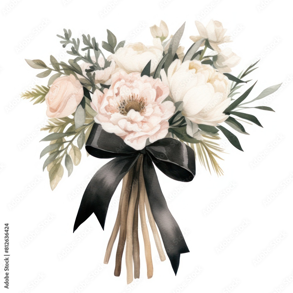 Watercolor clipart on white background, Simple bouquet tied with a ribbon featuring Peonies