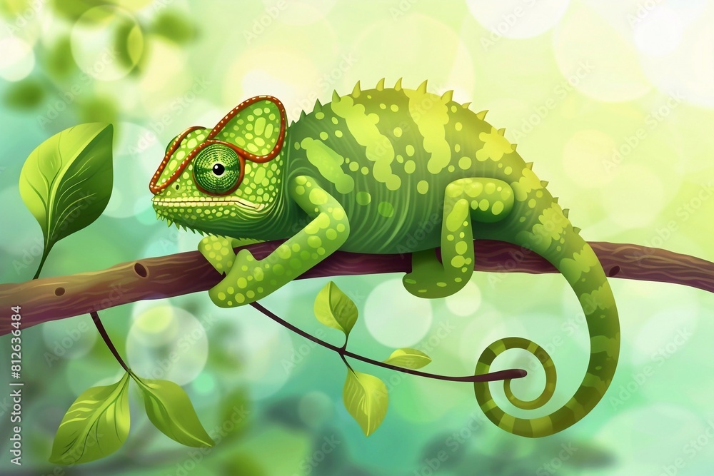 Discover the world of a cute chameleon as it hangs on a branch in this charming cartoon illustration. Watch as this colorful reptile brings joy and laughter to any artwork or design project