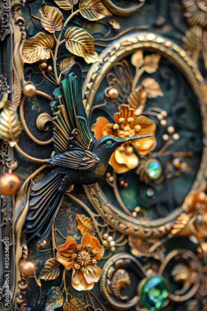 Fototapeta premium Image features ornate bird sculpture with green gemstones amidst a backdrop of metallic floral designs