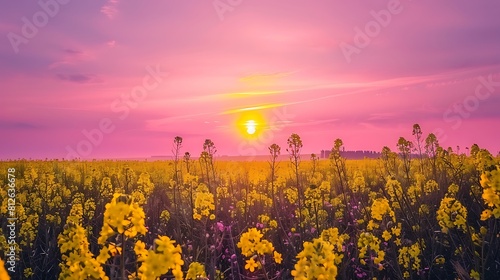 A breathtaking sunrise over a field of yellow rapeseed flowers, painting the sky in shades of pink and purple.