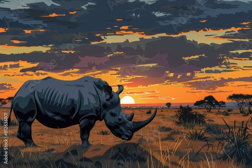 A powerful rhino standing majestically on a grass covered field. Perfect for wildlife and nature themes