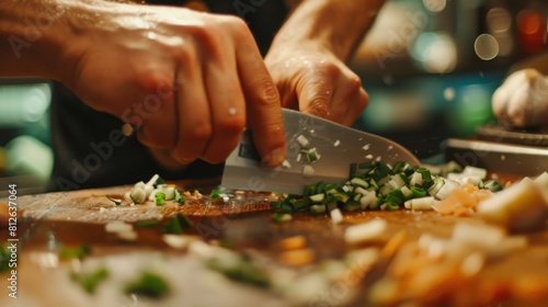 A chef is chopping vegetables on a wooden cutting board