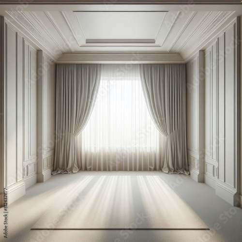 A Room with a template mockup poster empty white and with a large window art realistic attractive card design.