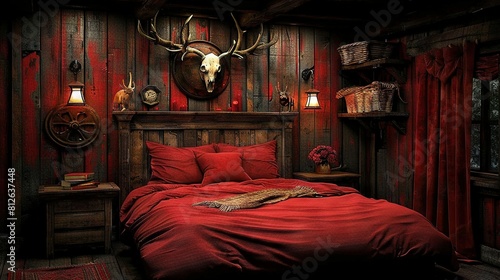  A tidy bedroom featuring a stylish bed and a majestic deer head adorning the wall above it