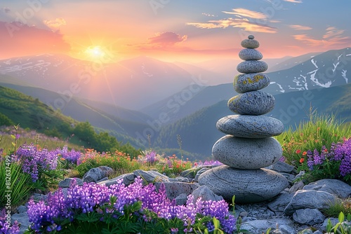 A stack of stones balances precariously on a mountain peak  surrounded by vibrant purple flowers under a clear sky