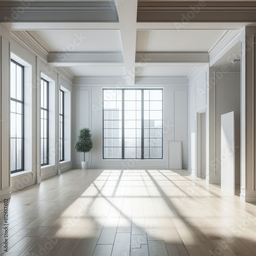 A Room with a template mockup poster empty white and with large windows and a tree realistic photo has illustrative meaning has illustrative meaning.