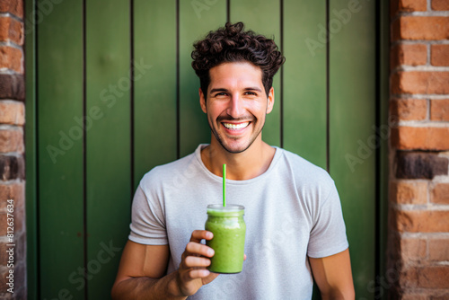 Blurred smiling man holding green smoothie in front of green door